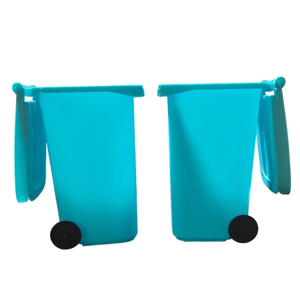 Set of 2 teal blue Mini Trash Can Recycling Bin plastic pencil holder wheels 5.5